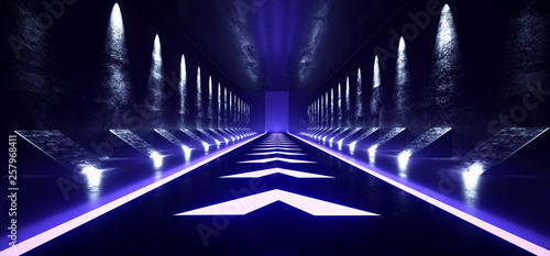Empty Grunge Concrete Sci Fi Futuristic Dark Alien Spaceship Hall Tunnel Corridor Led Laser Arrow Shaped Floor Lights Glowing  Vibrant Blue Virtual Reality 3D Rendering