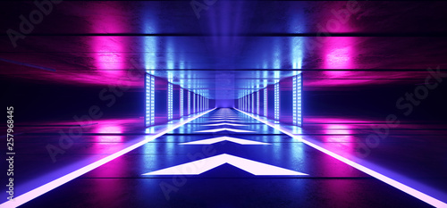Empty Neon Fluorescent Lights Purple Sci Fi Futuristic Dark Alien Spaceship Hall Tunnel Corridor Led Laser Arrow Shaped Floor Lights Glowing Vibrant Blue Virtual Reality 3D Rendering © IM_VISUALS