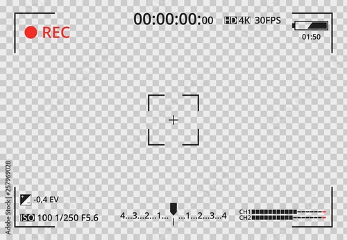 Video camera viewfinder on transparent background. Focusing screen of the camera. Concept graphic element screen photo frame. Exposure settings. Template for your design.