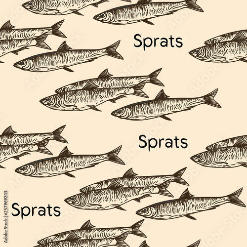 Seamless pattern of sprats in the engraving style.
