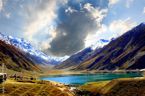 Beautiful view of mountainous lake Saiful Muluk in Naran Valley, Mansehra District, Khyber-Pakhtunkhwa, Northern Areas of Pakistan