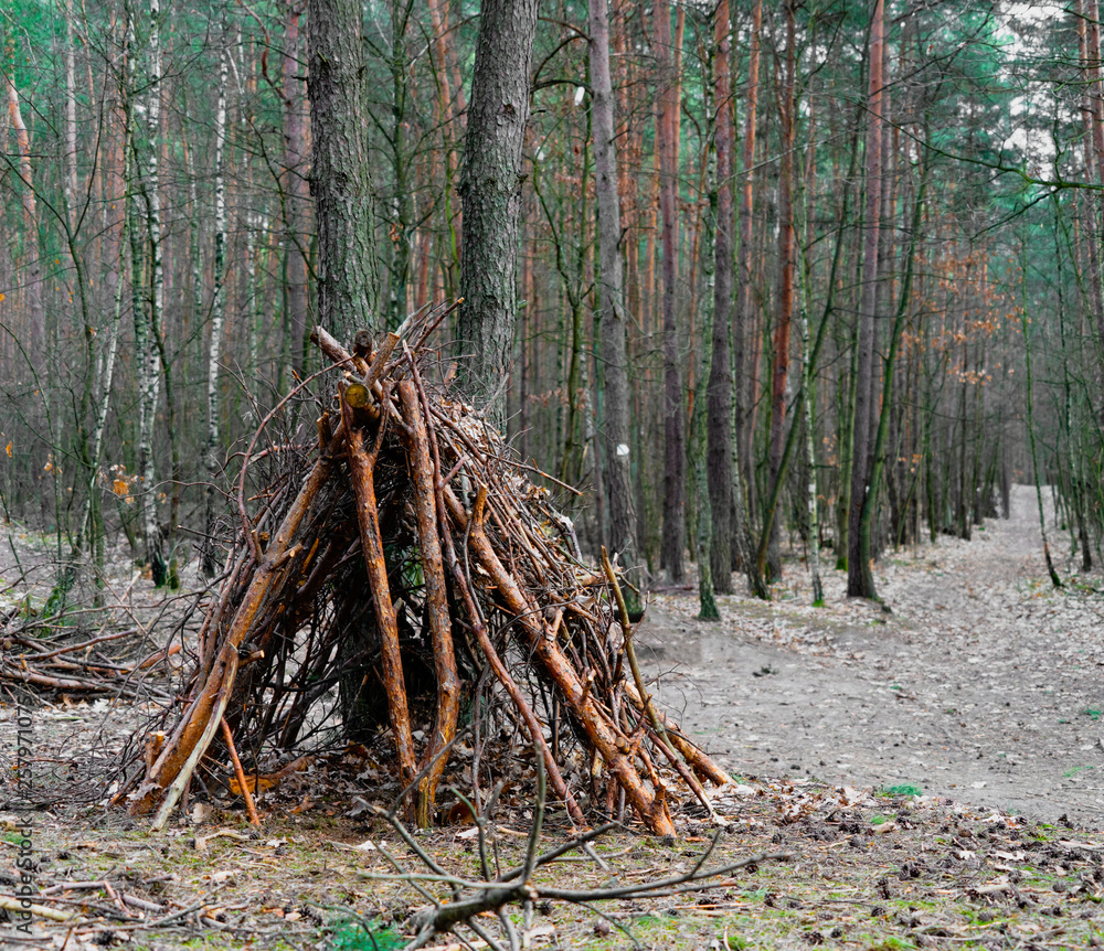 Bushcraft shelter on the hill in forrest builded from wooden forest sticks Bushcraft shelter on the hill in forrest builded from wooden forest sticks