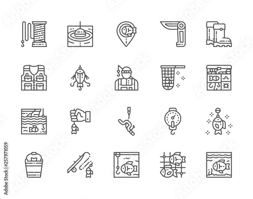 Set of Fishing Line Icons. Jackknife, Fisherman, Tackle Box, Aquarium and more.