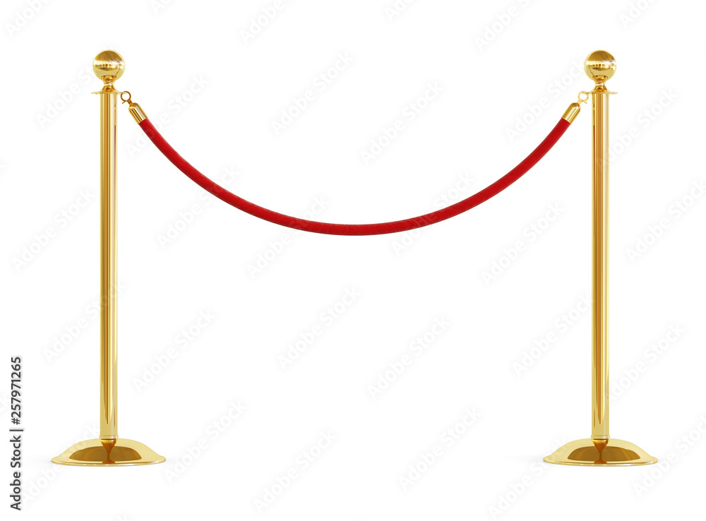 Golden barrier with red rope isolated on white background. Clipping path included. Golden barrier with red rope isolated on white background. Clipping path included.