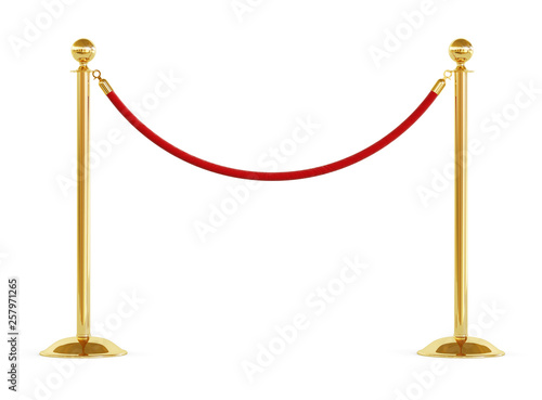 Golden barrier with red rope isolated on white background. Clipping path included.  photo