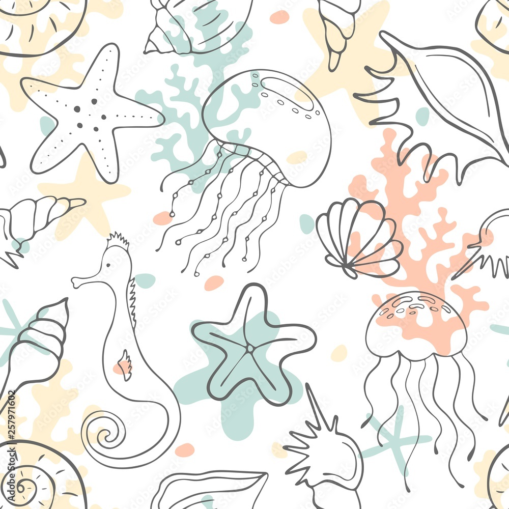 Fototapeta premium Seamless pattern with seashells, corals, jellyfishes, seahorses and starfishes. Marine background. Perfect for greetings, invitations, wrapping paper, textile, wedding and web design.