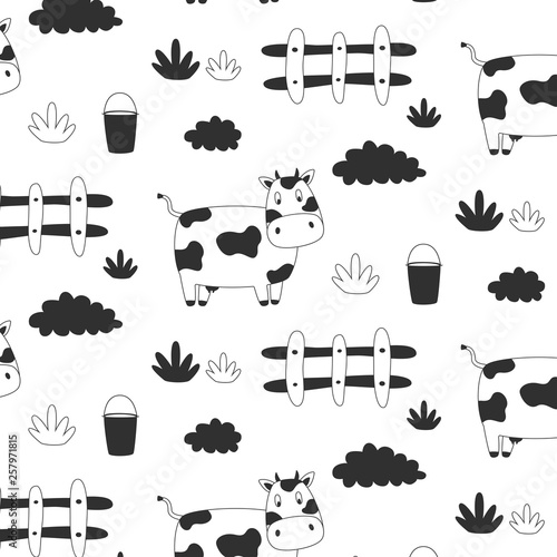 Seamless pattern with hand drawn farm elements. Vector illustration with cute cow.