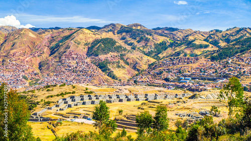 Fortification walls of Sacsayhuaman citadel near historic capital of the Inca Empire Cusco, Peru photo