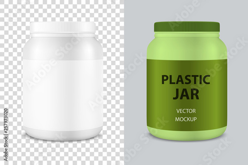 Vector Realistic 3d White Plastic Jar, Can with Lid Closeup Isolated . Design Template of Whey Protein, Sport Powder, Vitamins, BCAA, Pills, Caps for Mockup. Front View