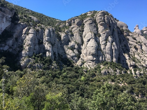 Montserrat serrated mountains in Spain, surrounded by greenery