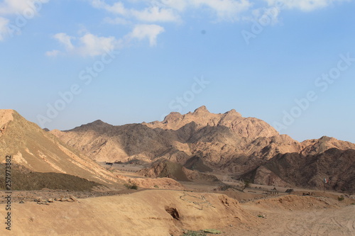 Desert landscape with a huge mountain. Stone desert in Egypt.