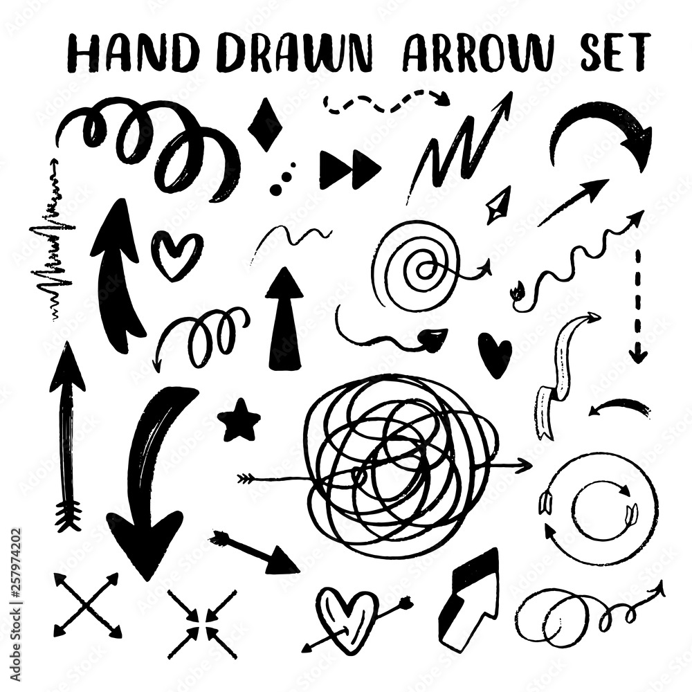 Abstract arrows and other elements in hand drawn style for concept design. Doodle illustration. Vector template