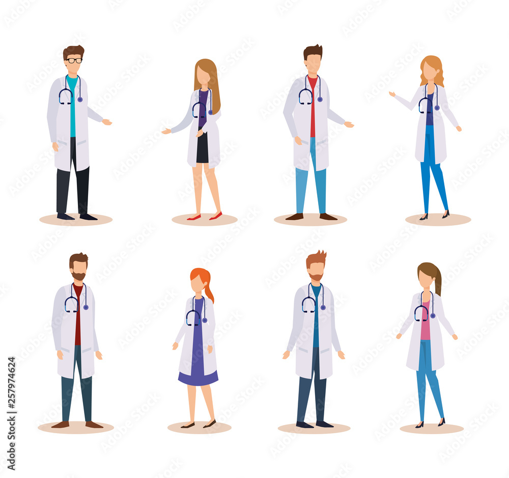 set professional women and men doctors with stethoscope set professional women and men doctors with stethoscope