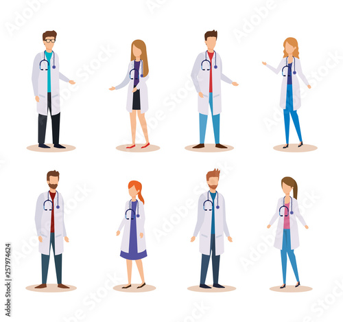 set professional women and men doctors with stethoscope