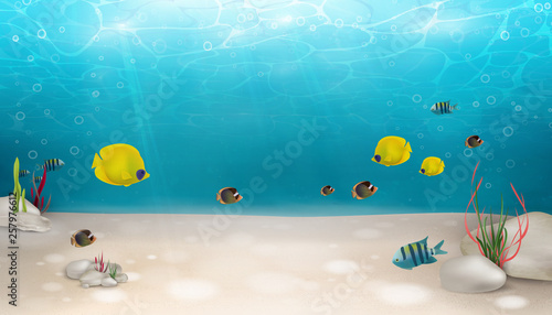Underwater world nature scene background. Ocean, sea bottom life with blue water, seagrass, exotic fish, bubbles, seaweed, rays of sunshine. Underwater marine life landscape. Summer. Blue underworld