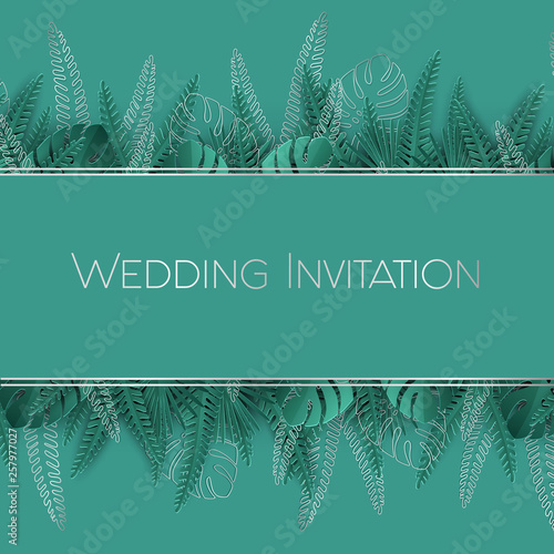 tender wedding invitation in teal colors with silver details and tropical leaves