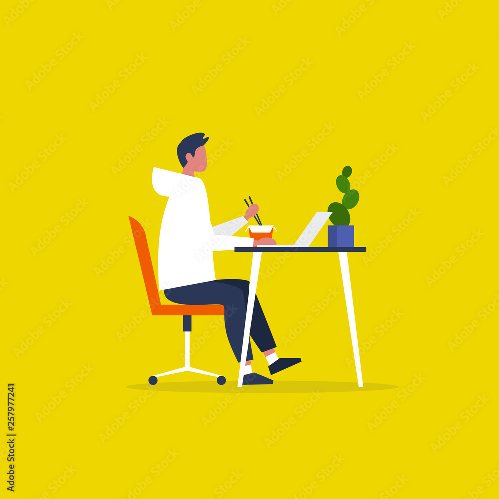Young male character eating an asian take away lunch and working on the computer. Modern manager. Workaholic. Millennials at work. Flat editable vector illustration, clip art