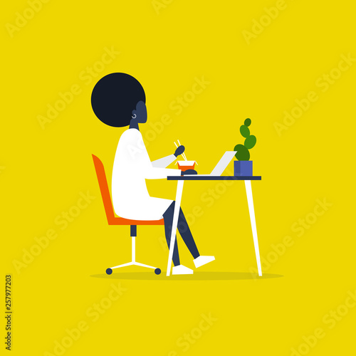 Young black female character eating an asian take away lunch and working on the computer. Modern manager. Workaholic. Millennials at work. Flat editable vector illustration, clip art