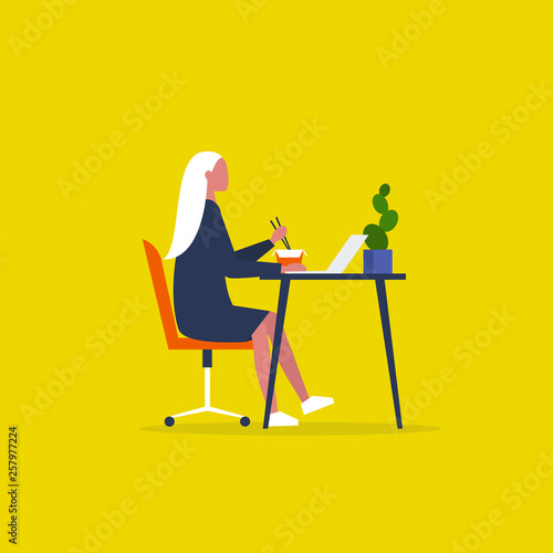 Young female character eating an asian take away lunch and working on the computer