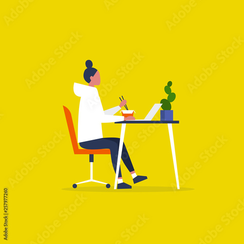 Young female character eating an asian take away lunch and working on the computer. Modern manager. Workaholic. Millennials at work. Flat editable vector illustration, clip art
