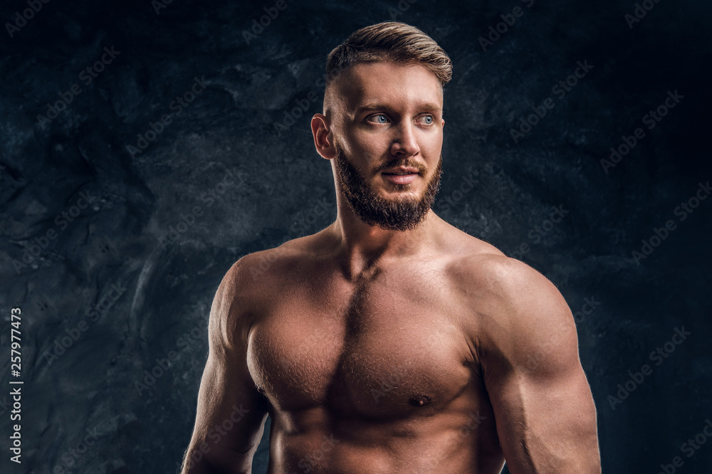 Closeup portrait of a shirtless man with the muscular body. Studio photo against dark wall background