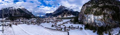 Switzerland, Canton of Bern, Bernese Oberland, Bernese Prealps, Duendenhorn, View to mountain village Kandersteg in winter photo