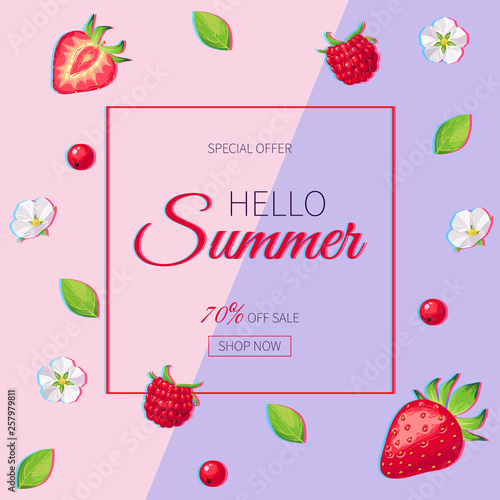 Summer Sale banner with pieces of ripe fruit, berries with anaglyph effect on colorful background. Vector illustration