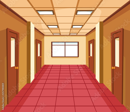 School hall with classroom doors