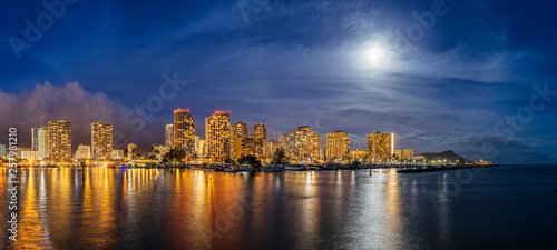 USA, Hawaii Oahu, Honolulu, Skyline with Ala Wai Boat Harbor and Diamond Head at blue hour photo