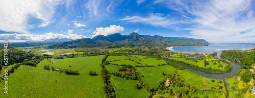 USA, Hawaii, Hanalei, View to taro fields, Hanalei, Hanalei Bay and Hanalei River, Aerial view