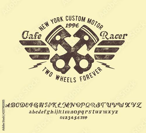 Cafe Racer. Handmade serif font. Vintage typeface. Custom motor. Handmade logo and font. Retro American stile.
