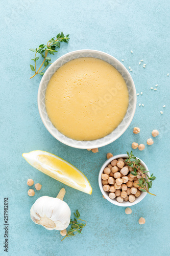 Chickpea sauce with fresh lemon juice, sesame seeds, garlic and olive oil