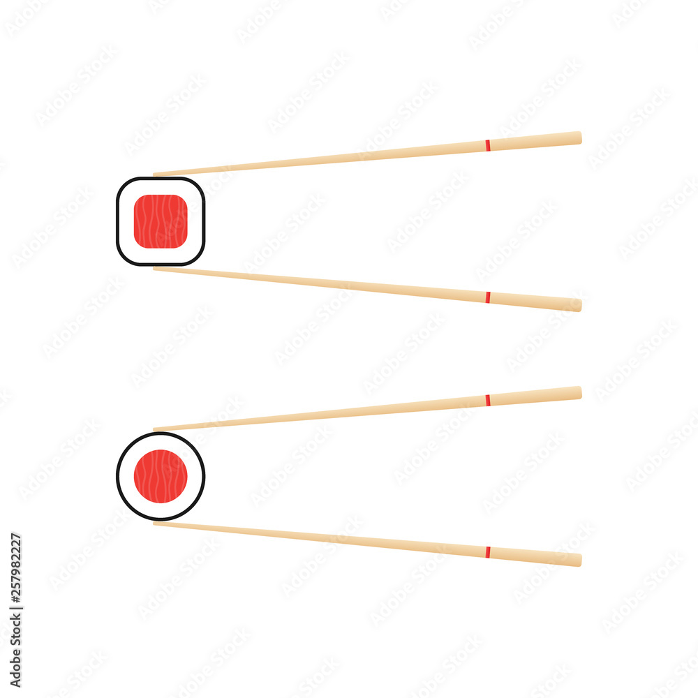 Chopsticks holding sushi roll. concept of snack, sushi, exotic nutrition, sushi restaurant. Vector illustration. Chopsticks holding sushi roll. concept of snack, sushi, exotic nutrition, sushi restaurant. Vector illustration.