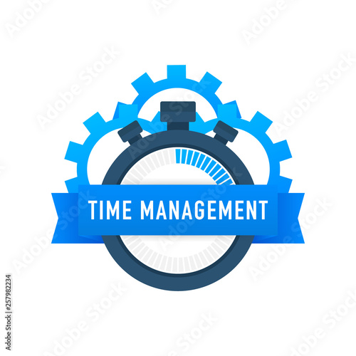 Time management label with character and text place. Can use for web banner, infographics, hero images. Vector illustration.