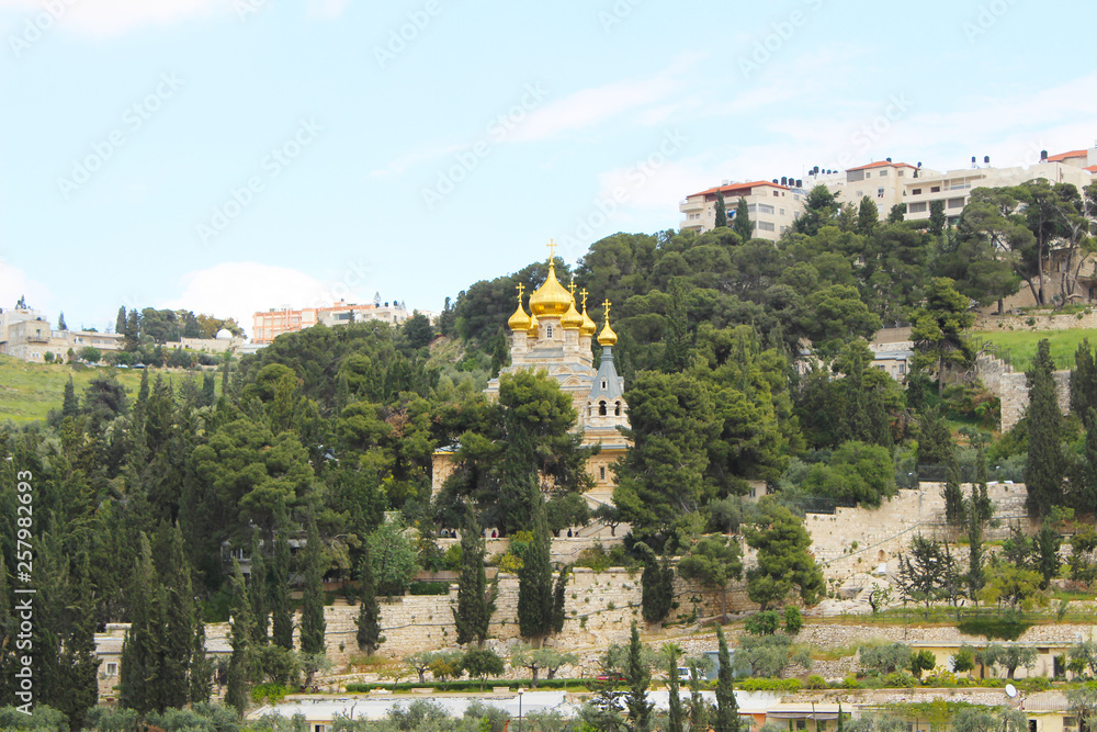 Panoramic view on The Russian Church of Mary Magdalene located on the Mount of Olives, near the Garden of Gethsemane in East Jerusalem, Israel