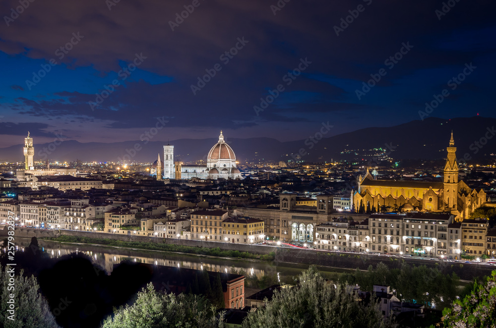 Panorama of Florence with Duomo Santa Maria Del Fiore, tower of Palazzo Vecchio at night in Florence, Tuscany, Italy