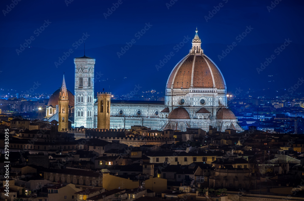 Panorama of Florence with main monument Duomo Santa Maria del Fiore at night, Florence, Italy