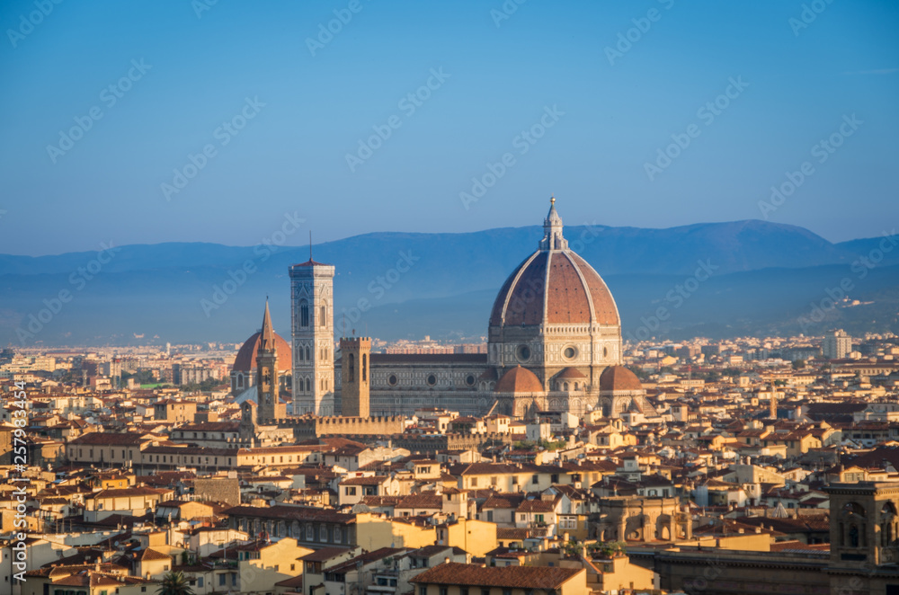 Panorama of Florence with main monument Duomo Santa Maria del Fiore at dawn, Firenze, Florence, Italy