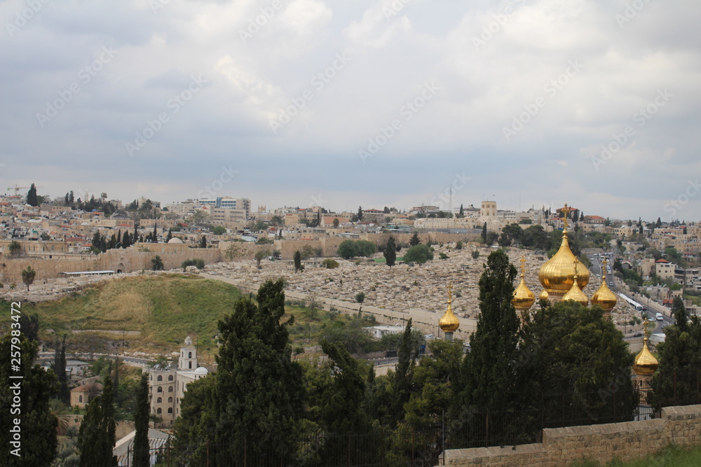 Panoramic view on The Russian Church of Mary Magdalene located on the Mount of Olives, near the Garden of Gethsemane in East Jerusalem, Israel