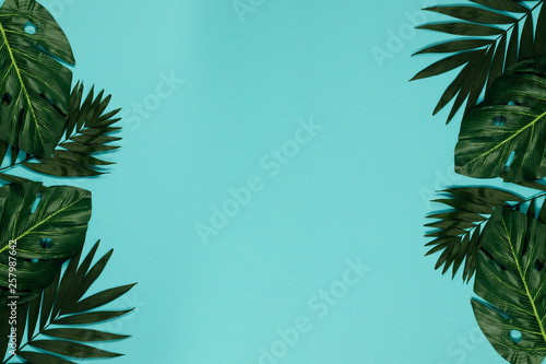 Tropical background. Palm and monstera leaves on yellow blue  background. Flatlay  top view  minimal layout  summer concept