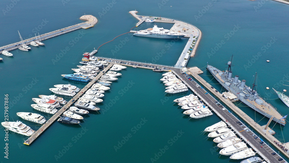 Aerial drone photo of famous Flisvos Marina with mega yachts and sail boats docked, Athens riviera, Attica, Greece
