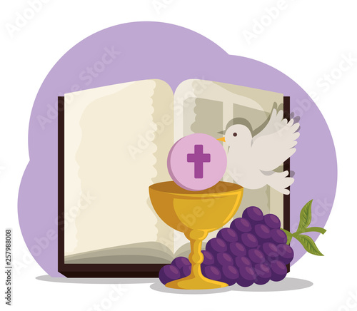 bible with chalice and grapes to first communion