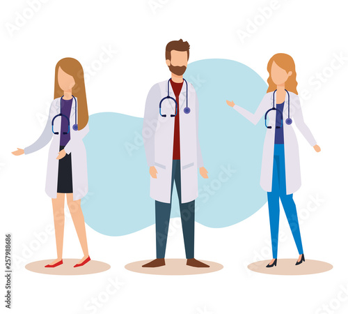 set professional women and man doctors with stethoscope