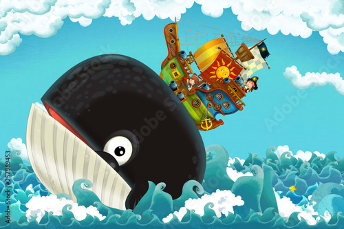 Billede på lærred cartoon scene with pirate ship sailing through the seas with happy pirates meeti