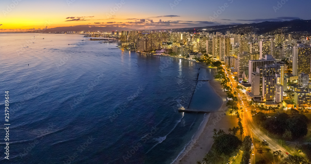 Sunset with skyline in Honolulu