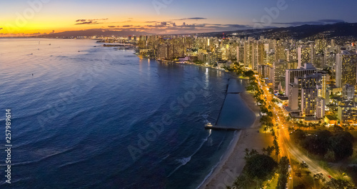Sunset with skyline in Honolulu