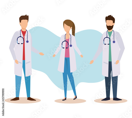 set woman and men doctors with professional stethoscope