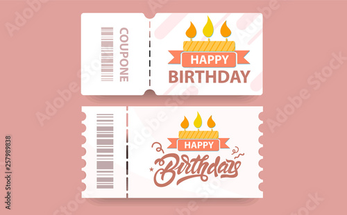 Birthday coupon gift card with coupon code and cake illustration. Vector