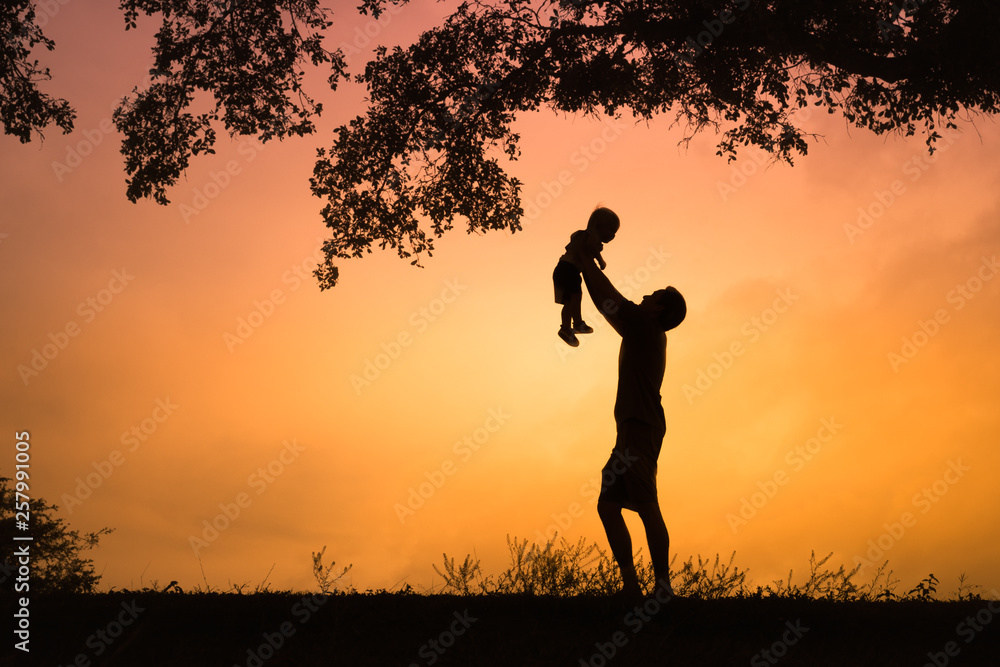 Happy father and son outdoors. Father holding up his little boy in the air.