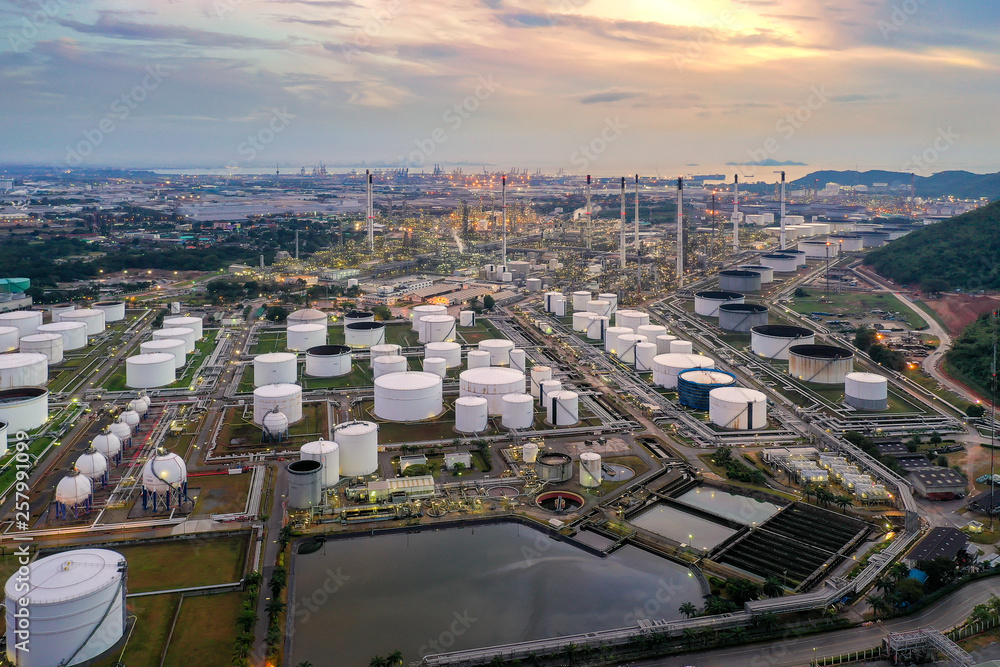 Aerial view of Oil and gas industry - refinery at twilight